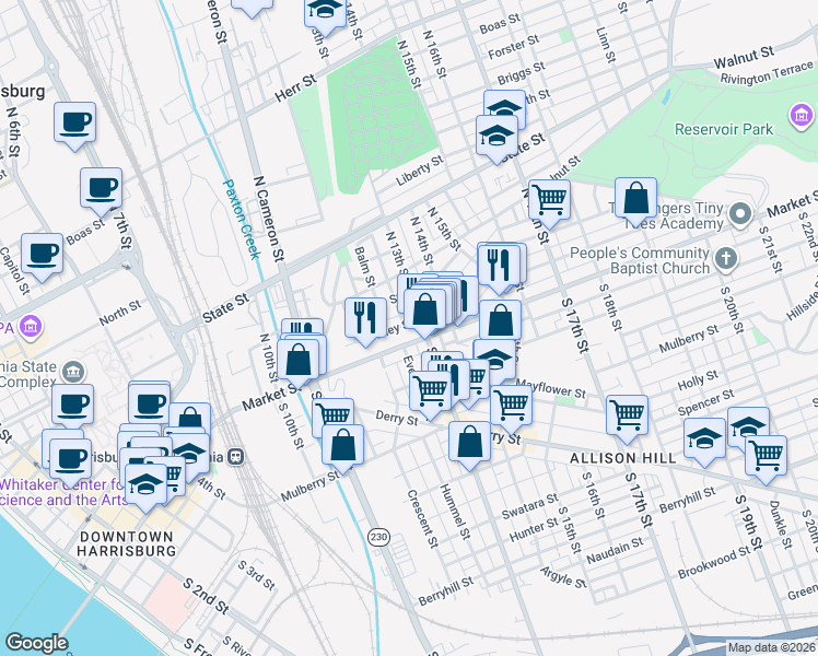 map of restaurants, bars, coffee shops, grocery stores, and more near 1270 Market Street in Harrisburg