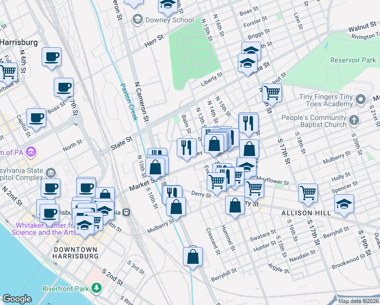 map of restaurants, bars, coffee shops, grocery stores, and more near 1218 Bailey Street in Harrisburg