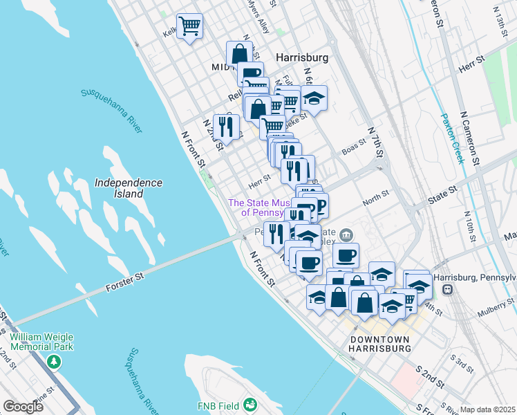 map of restaurants, bars, coffee shops, grocery stores, and more near 932 North 2nd Street in Harrisburg