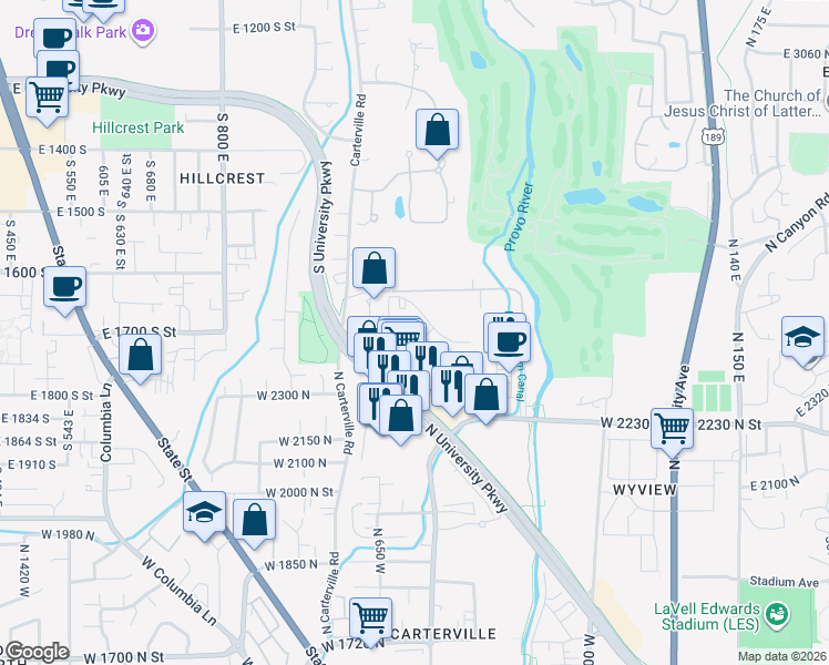 map of restaurants, bars, coffee shops, grocery stores, and more near 2392 North University Parkway in Provo