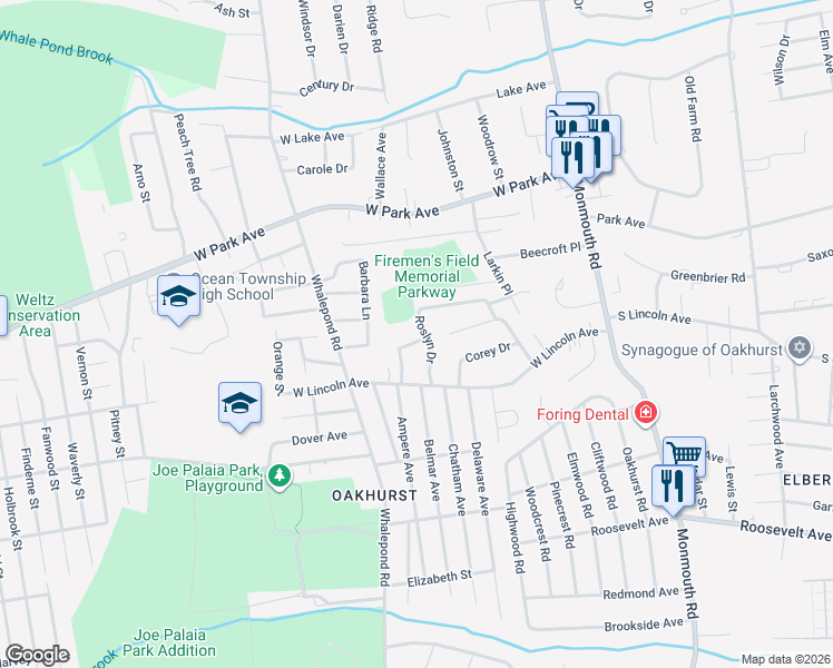 map of restaurants, bars, coffee shops, grocery stores, and more near 11 Deborah Place in Ocean Township