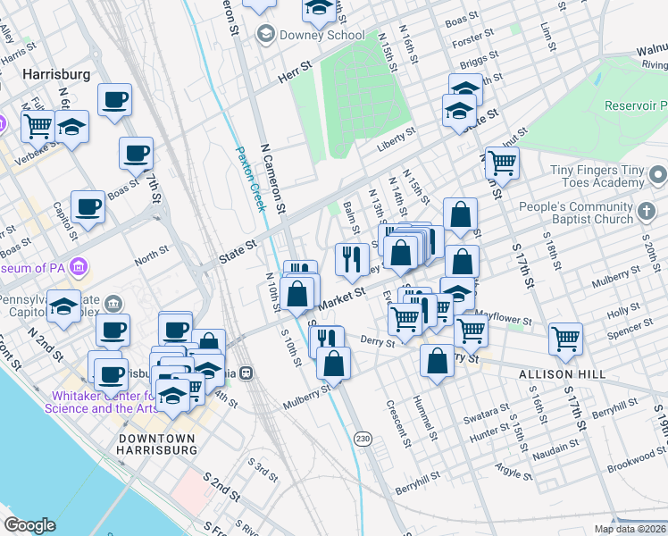 map of restaurants, bars, coffee shops, grocery stores, and more near 46 North 12th Street in Harrisburg