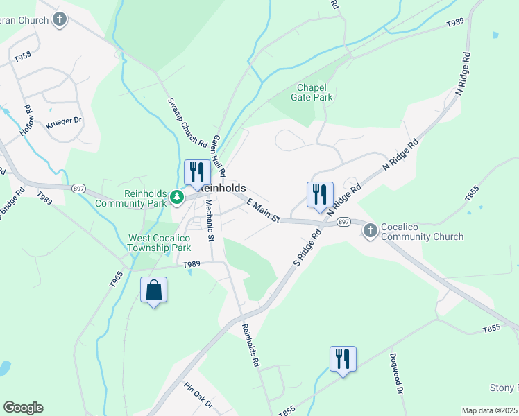 map of restaurants, bars, coffee shops, grocery stores, and more near 93 East Main Street in Reinholds