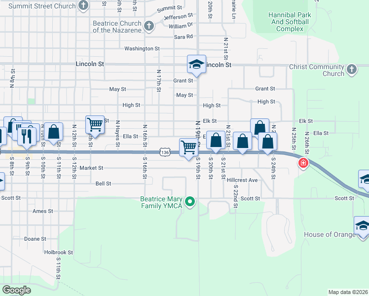 map of restaurants, bars, coffee shops, grocery stores, and more near 1818 Court Street in Beatrice