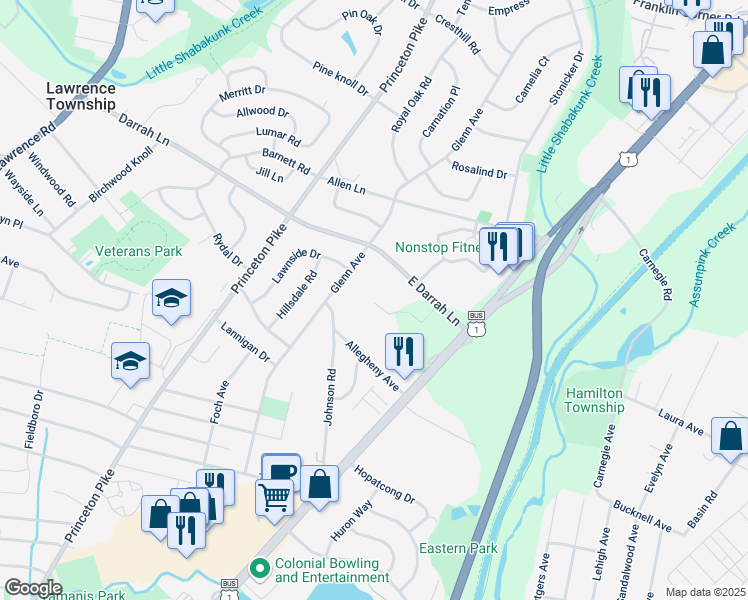 map of restaurants, bars, coffee shops, grocery stores, and more near 100 Forest Ridge Drive in Lawrence Township