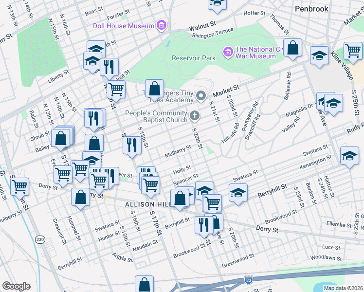 map of restaurants, bars, coffee shops, grocery stores, and more near 1902 Mulberry Street in Harrisburg