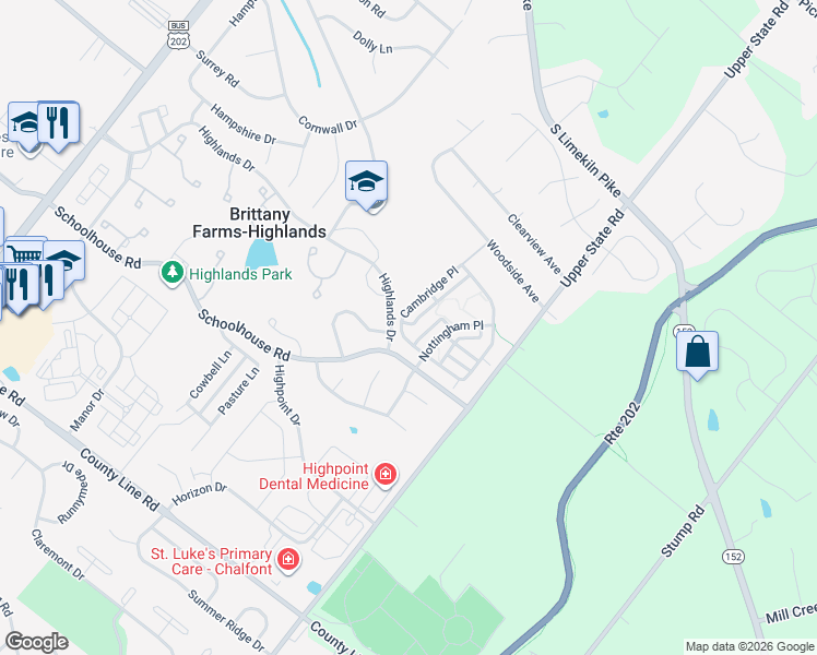 map of restaurants, bars, coffee shops, grocery stores, and more near 112 Cambridge Place in Chalfont
