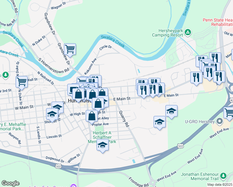 map of restaurants, bars, coffee shops, grocery stores, and more near 210 1/2 East Main Street in Hummelstown