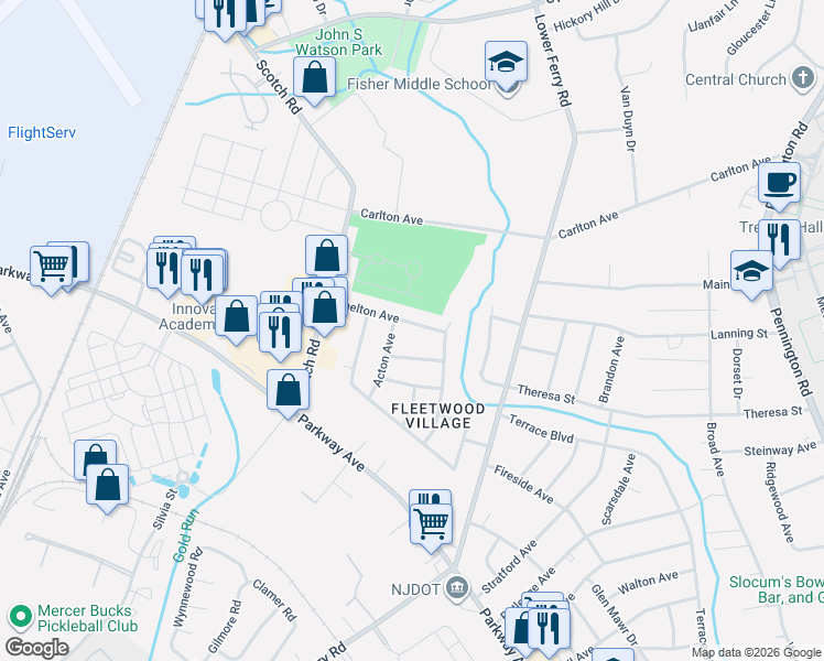 map of restaurants, bars, coffee shops, grocery stores, and more near 11 Shelton Avenue in Ewing Township