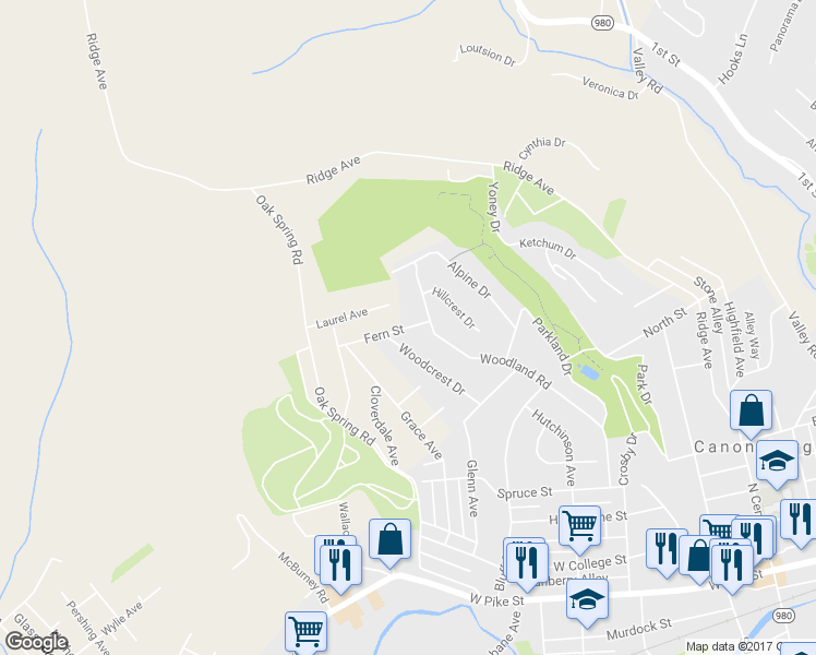 map of restaurants, bars, coffee shops, grocery stores, and more near 206 Fern Street in Canonsburg