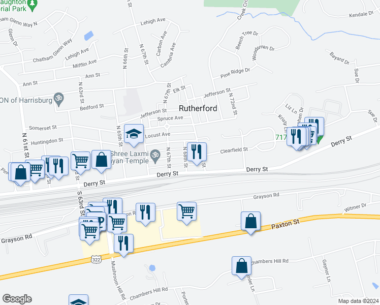 map of restaurants, bars, coffee shops, grocery stores, and more near 6810 Clearfield Street in Harrisburg