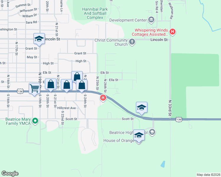 map of restaurants, bars, coffee shops, grocery stores, and more near Eastside Boulevard in Beatrice