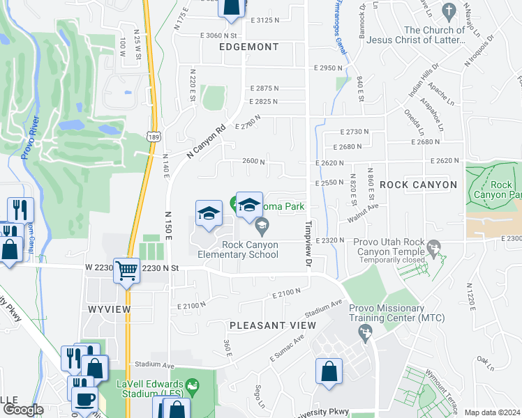 map of restaurants, bars, coffee shops, grocery stores, and more near 467 East Normandy Drive in Provo