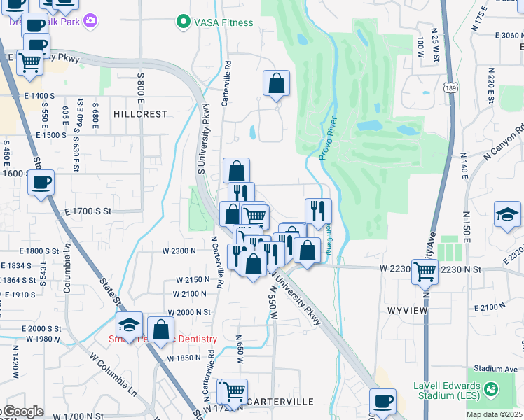 map of restaurants, bars, coffee shops, grocery stores, and more near 2392 North University Parkway in Provo