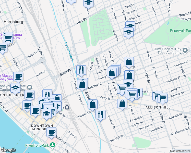 map of restaurants, bars, coffee shops, grocery stores, and more near 33 North 12th Street in Harrisburg