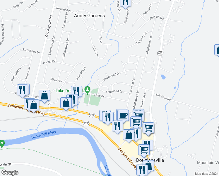 map of restaurants, bars, coffee shops, grocery stores, and more near 14 Lenape Lane in Douglassville