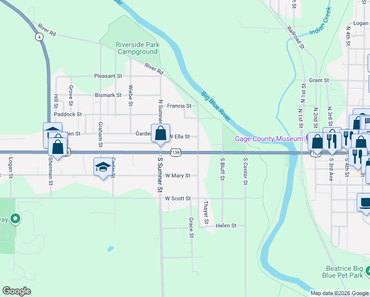 map of restaurants, bars, coffee shops, grocery stores, and more near 518 West Court Street in Beatrice