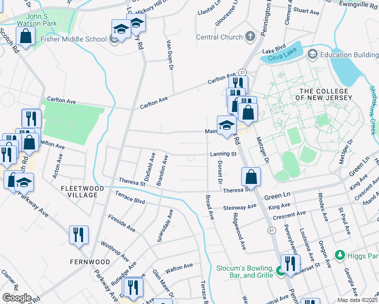 map of restaurants, bars, coffee shops, grocery stores, and more near 44 Lanning Street in Ewing Township