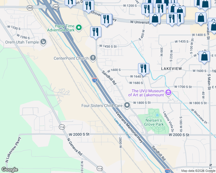 map of restaurants, bars, coffee shops, grocery stores, and more near 1700 South Sandhill Road in Orem