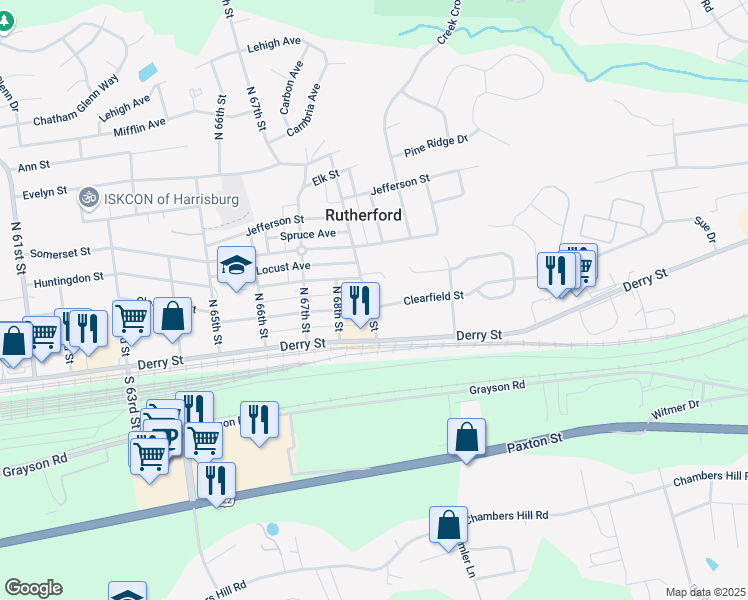 map of restaurants, bars, coffee shops, grocery stores, and more near 6945 Clearfield Street in Harrisburg