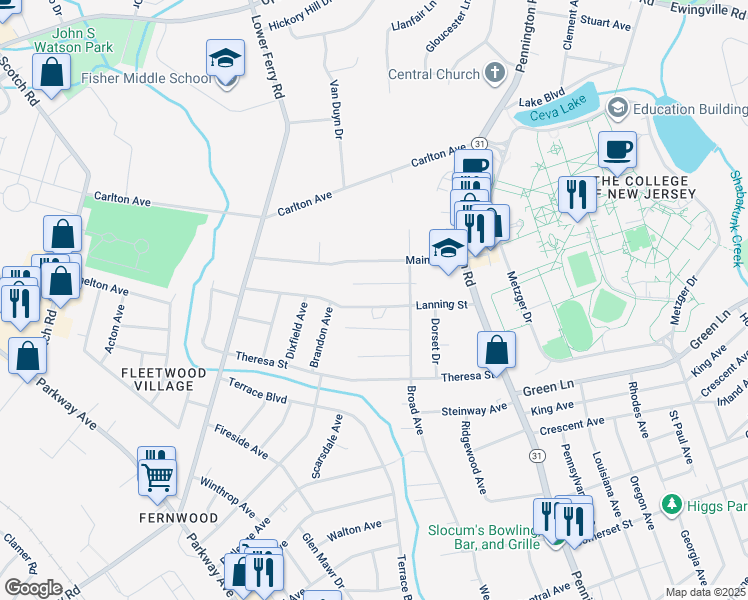 map of restaurants, bars, coffee shops, grocery stores, and more near 44 Lanning Street in Ewing Township