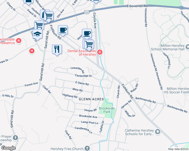 map of restaurants, bars, coffee shops, grocery stores, and more near 50 Sterling Court in Hershey