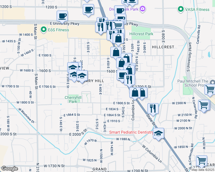 map of restaurants, bars, coffee shops, grocery stores, and more near 1743 Village Lane in Orem