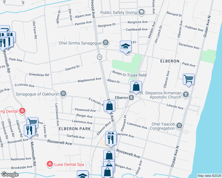 map of restaurants, bars, coffee shops, grocery stores, and more near 1001 Norwood Avenue in Long Branch