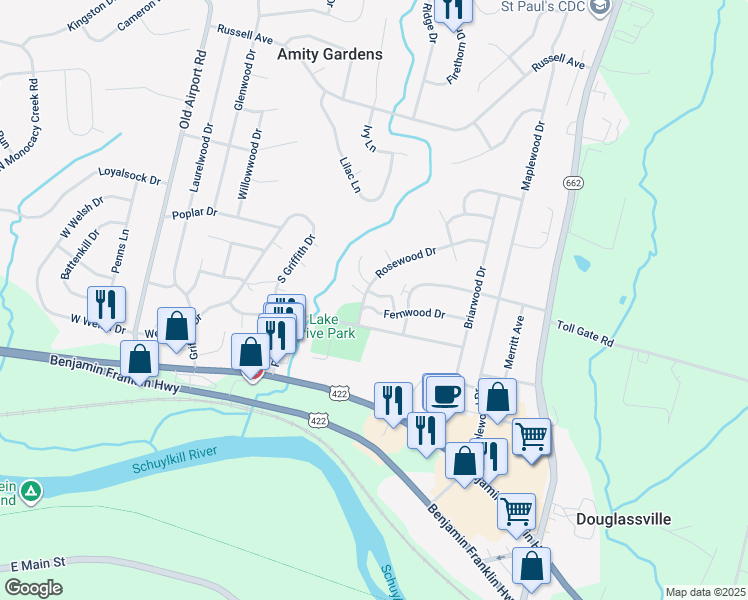 map of restaurants, bars, coffee shops, grocery stores, and more near 3 Lenape Lane in Douglassville