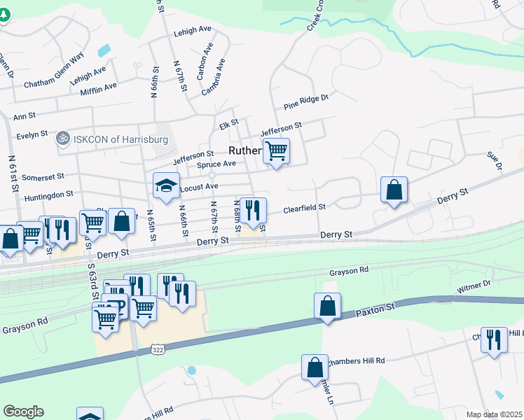 map of restaurants, bars, coffee shops, grocery stores, and more near 6945 Clearfield Street in Harrisburg