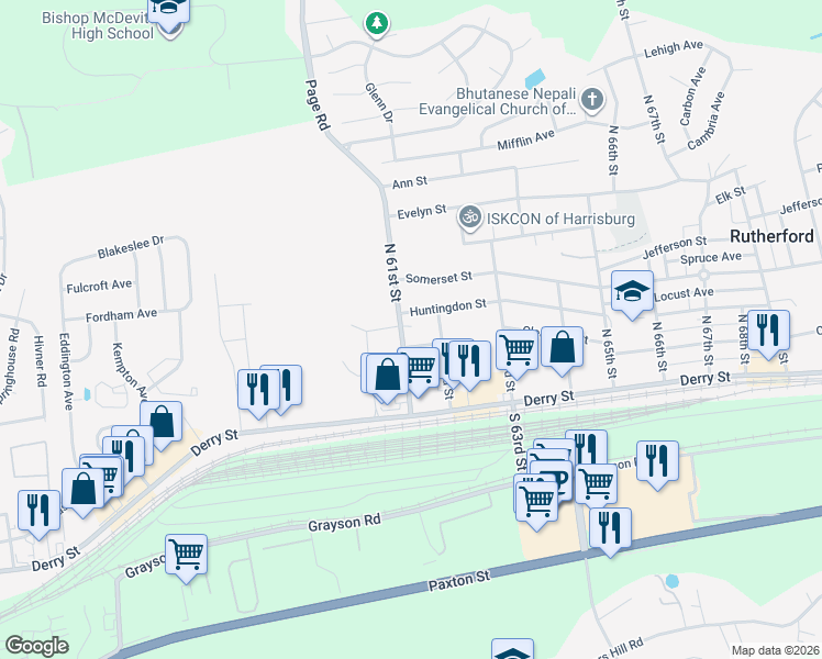 map of restaurants, bars, coffee shops, grocery stores, and more near 6104 Clearfield Street in Harrisburg