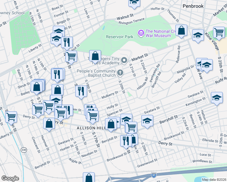 map of restaurants, bars, coffee shops, grocery stores, and more near 1902 Mulberry Street in Harrisburg