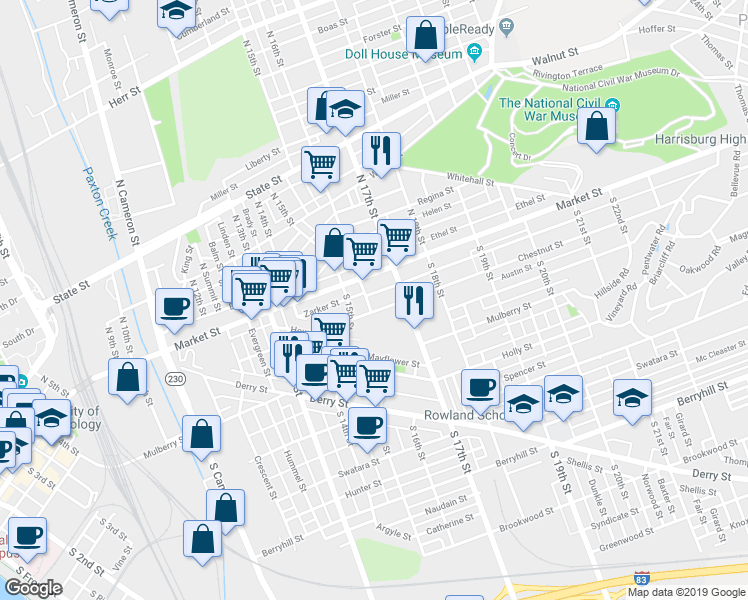 map of restaurants, bars, coffee shops, grocery stores, and more near 24 South 16th Street in Harrisburg