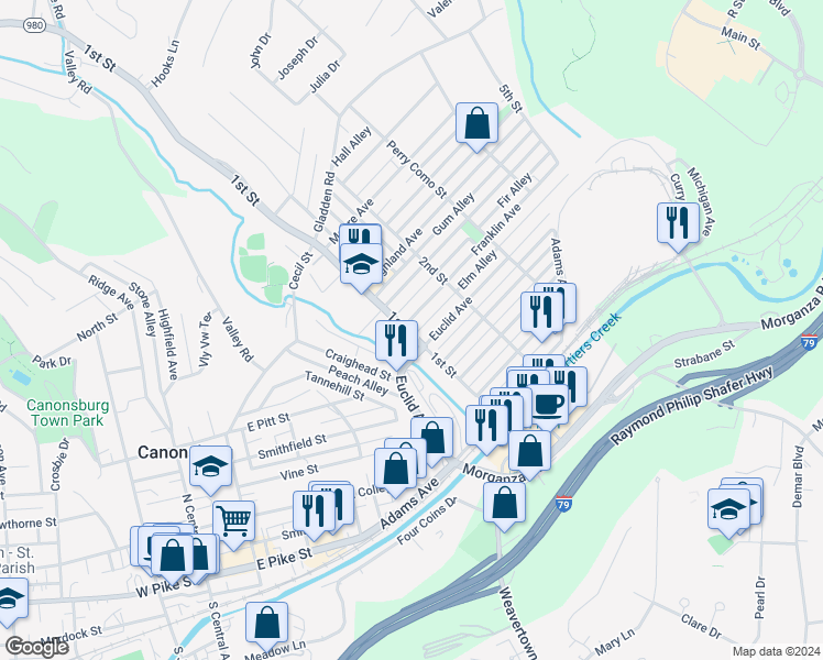 map of restaurants, bars, coffee shops, grocery stores, and more near 403 Euclid Avenue in Canonsburg