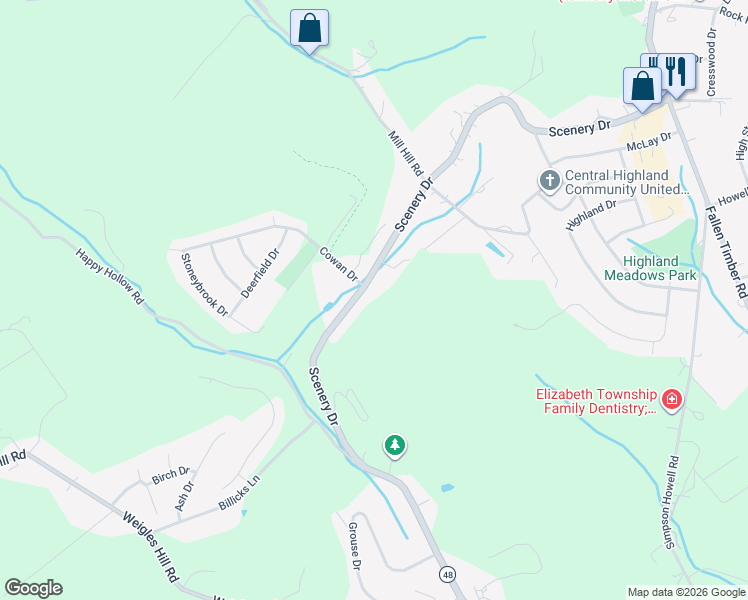map of restaurants, bars, coffee shops, grocery stores, and more near 1005 Scenery Drive in Elizabeth