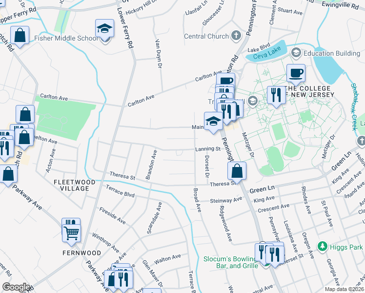 map of restaurants, bars, coffee shops, grocery stores, and more near 40 Lanning Street in Ewing Township