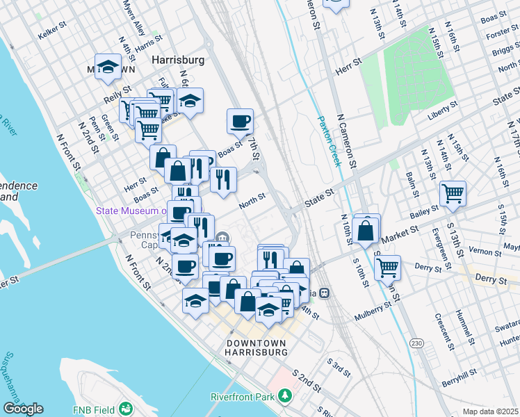 map of restaurants, bars, coffee shops, grocery stores, and more near in Harrisburg