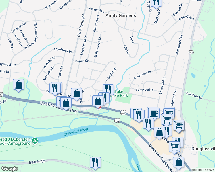 map of restaurants, bars, coffee shops, grocery stores, and more near 24 Cedar House in Douglassville