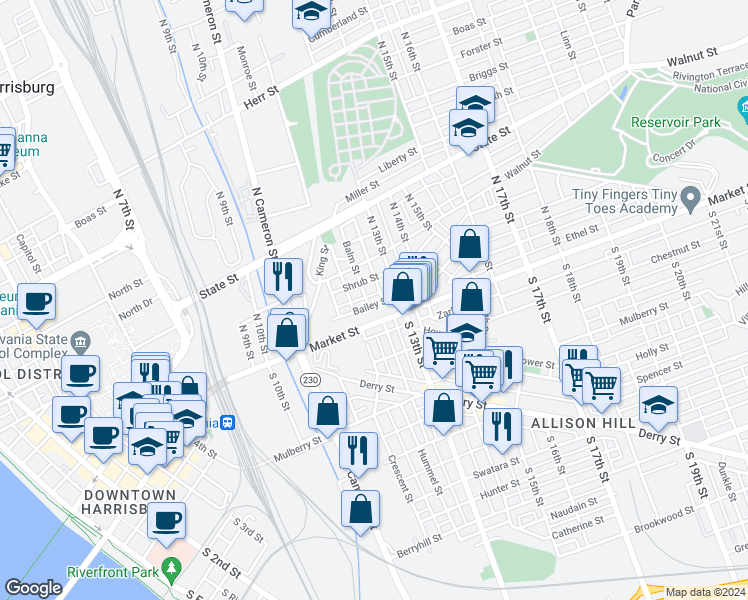 map of restaurants, bars, coffee shops, grocery stores, and more near 1242 Bailey Street in Harrisburg