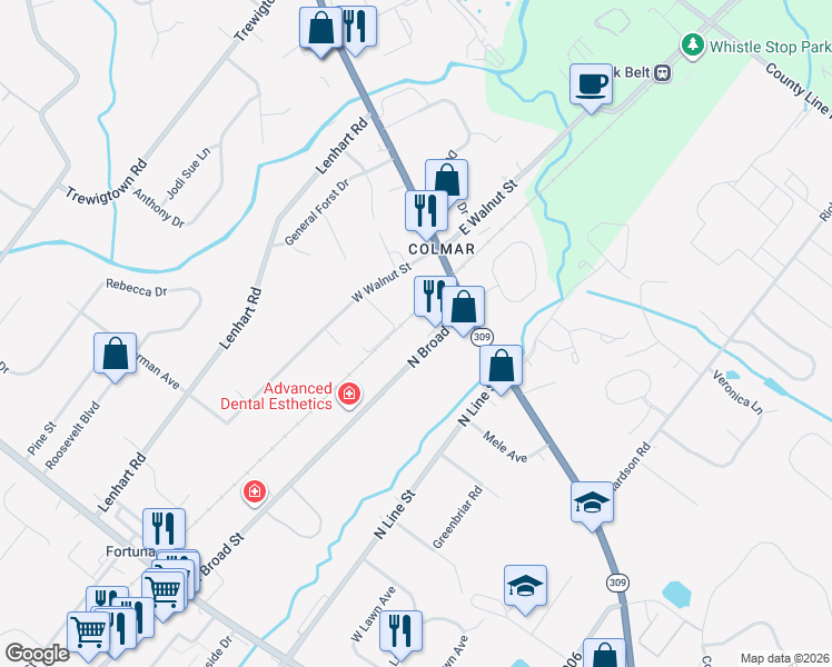 map of restaurants, bars, coffee shops, grocery stores, and more near 2606 North Broad Street in Colmar