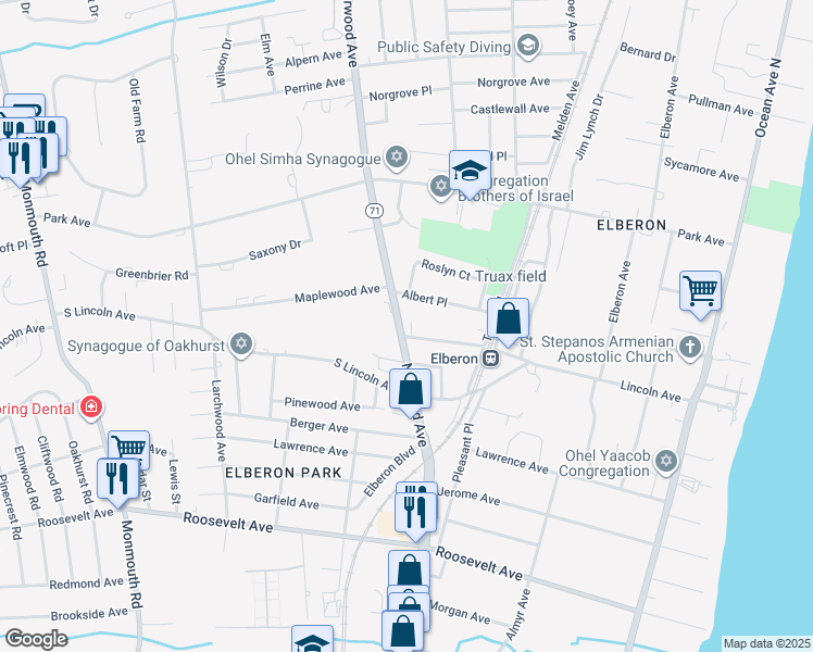 map of restaurants, bars, coffee shops, grocery stores, and more near 1001 Norwood Avenue in Long Branch