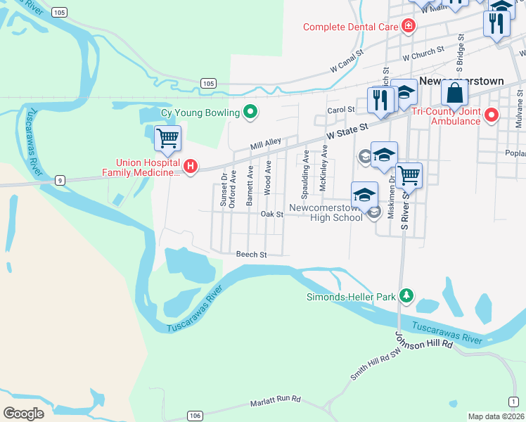 map of restaurants, bars, coffee shops, grocery stores, and more near 532 Wood Avenue in Newcomerstown