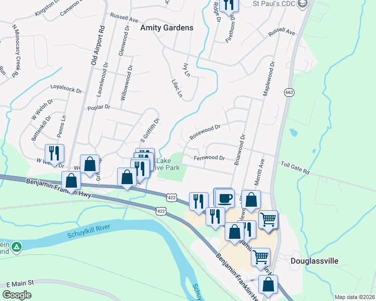 map of restaurants, bars, coffee shops, grocery stores, and more near 1 Lenape Ln in Douglassville