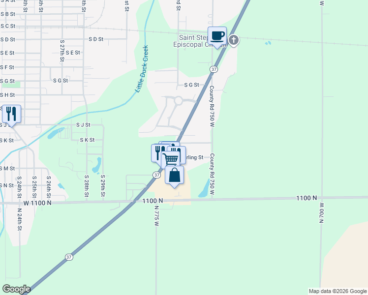 map of restaurants, bars, coffee shops, grocery stores, and more near 7656 West Yarling Street in Elwood
