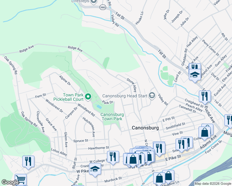 map of restaurants, bars, coffee shops, grocery stores, and more near 106 North Street in Canonsburg