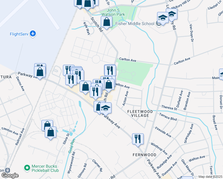 map of restaurants, bars, coffee shops, grocery stores, and more near 34 Scotch Road in Ewing Township