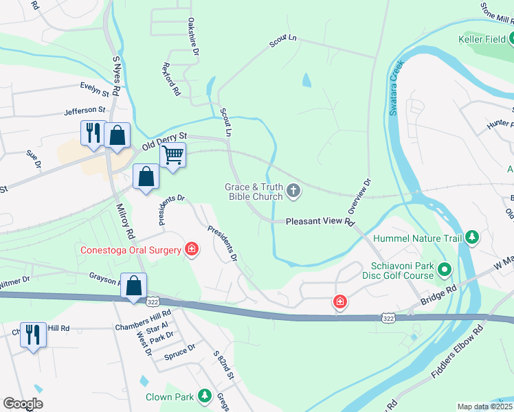 map of restaurants, bars, coffee shops, grocery stores, and more near 444 Pleasant View Road in Hummelstown