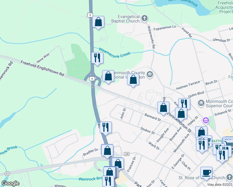 map of restaurants, bars, coffee shops, grocery stores, and more near 255 Freehold-Englishtown Road in Freehold