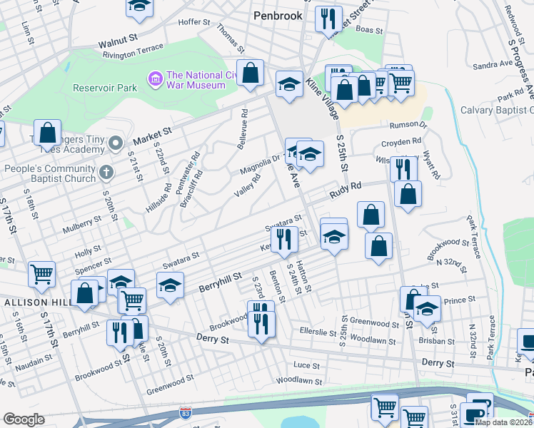 map of restaurants, bars, coffee shops, grocery stores, and more near 2404 Swatara Street in Harrisburg