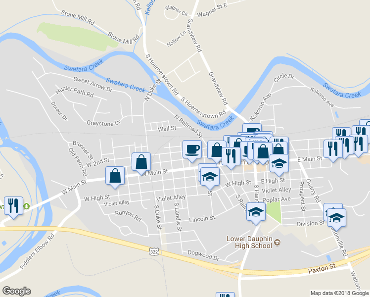 map of restaurants, bars, coffee shops, grocery stores, and more near 258 West 2nd Street in Hummelstown